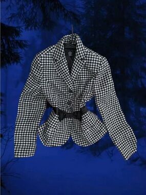 Black & White Houndstooth Peplum Jacket with Waist Tie